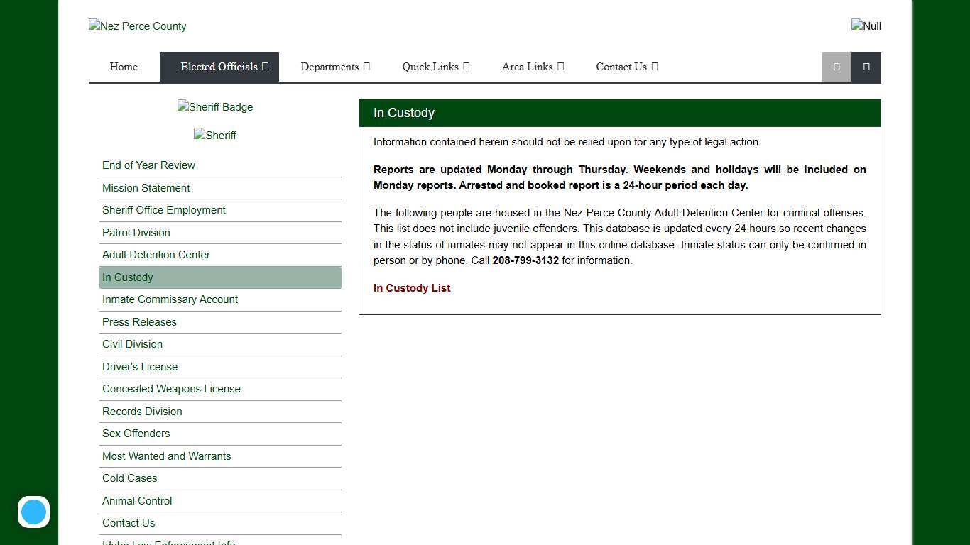 In Custody, Nez Perce County Sheriff